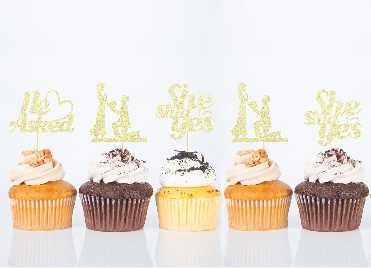Sotpot 24PCS He Asked She Said Yes Cupcake Toppers With Heart Gold Glitter for Wedding Bridal