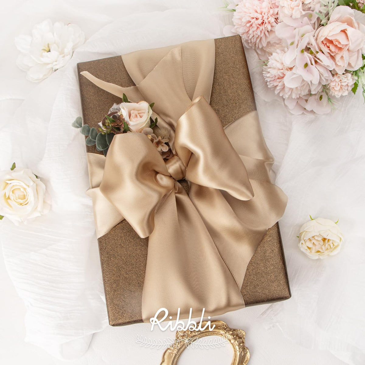 Ribbli Champagne Gold Satin Ribbon 4 Inch Wide Champagne Ribbon for Wedding Chair Sash Grand