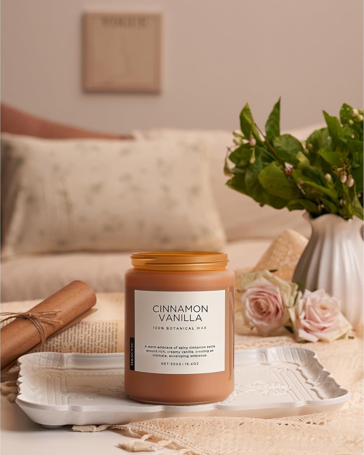 M&SENSE Cinnamon Vanilla Fall Scented Candles for Home, Natural Soy Wax 19.4oz 110 Hours Large Long
