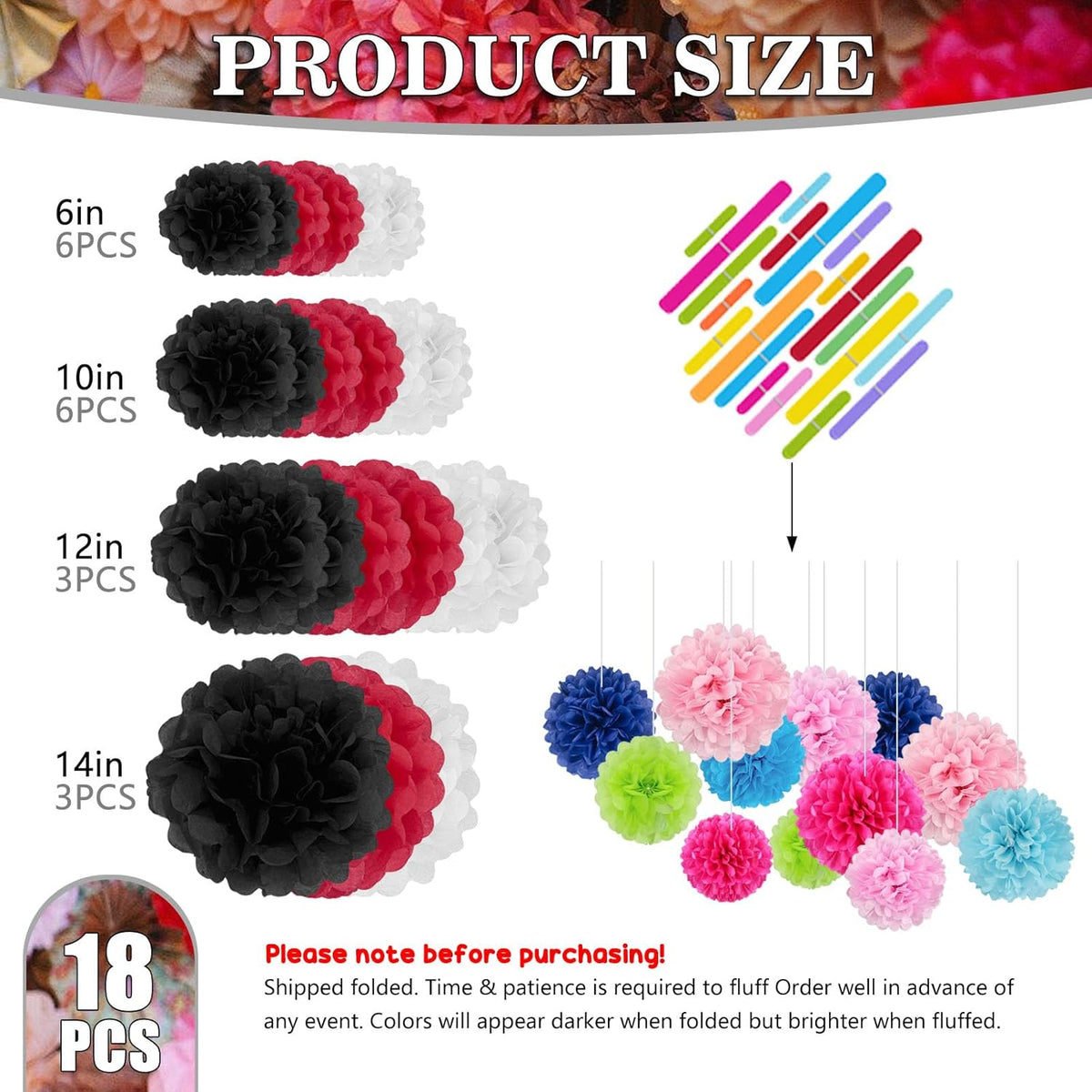 Tissue Paper Pom Poms, Black White Red Tissue Paper Flowers, Hanging Flower Balls for Weddings