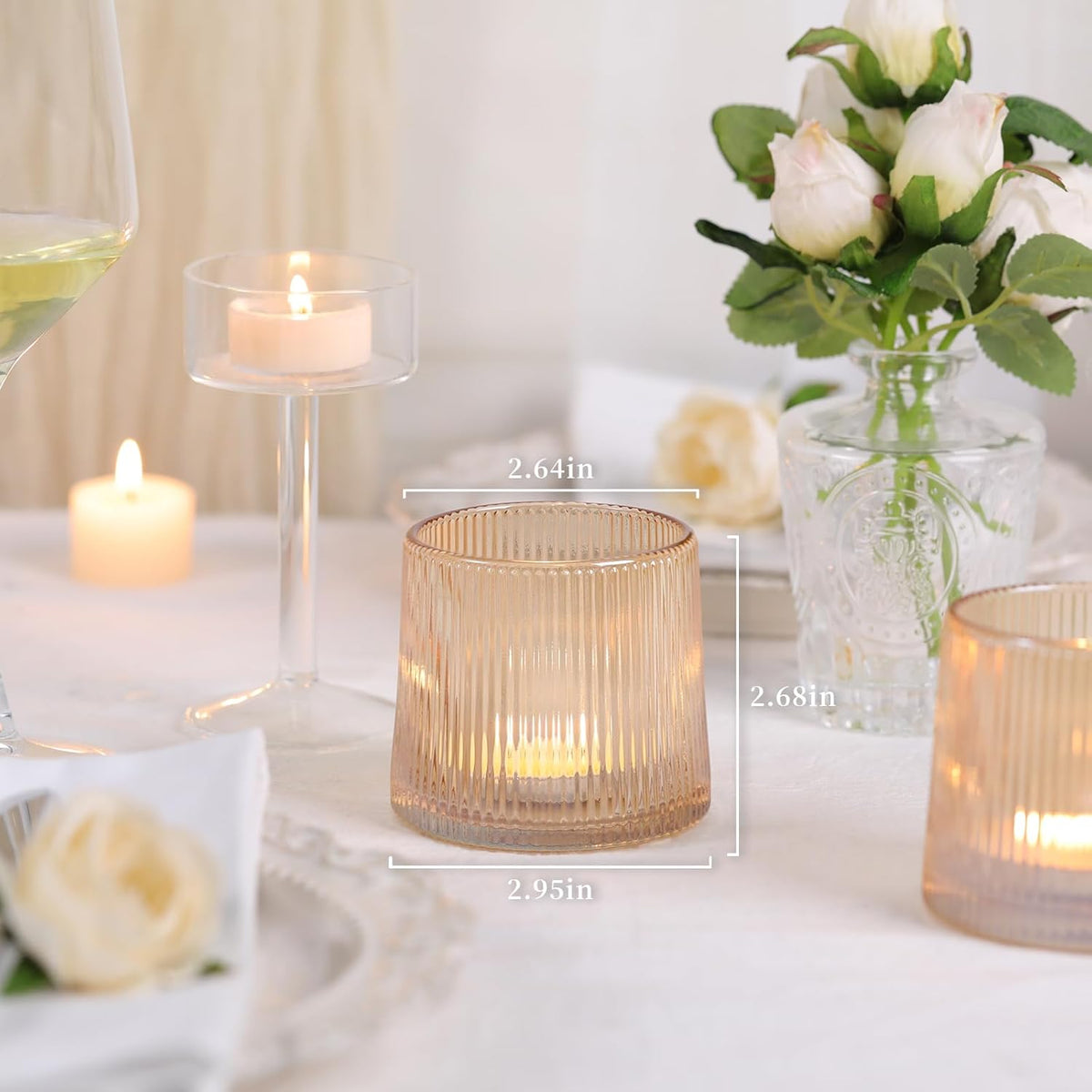 DARJEN Gold Ribbed Tealight Votive Candle Holders- 6Pack Glass Candle Holders for Table