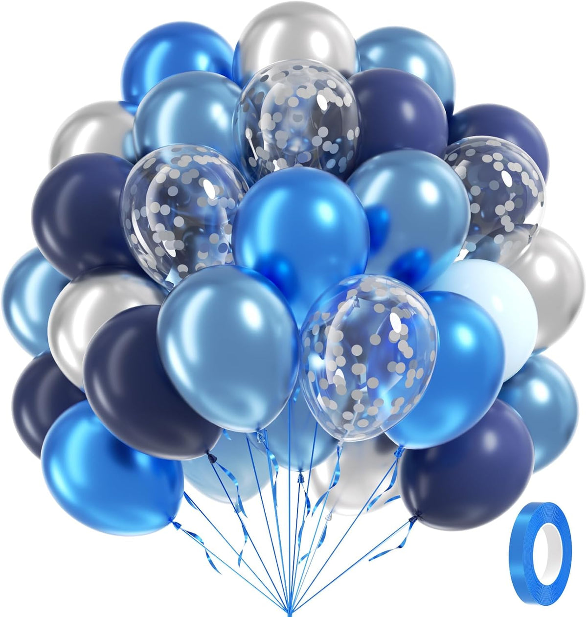 60pcs Blue and Silver Balloons 12inch with Navy Blue Pastel Blue Silver Confetti Balloons for