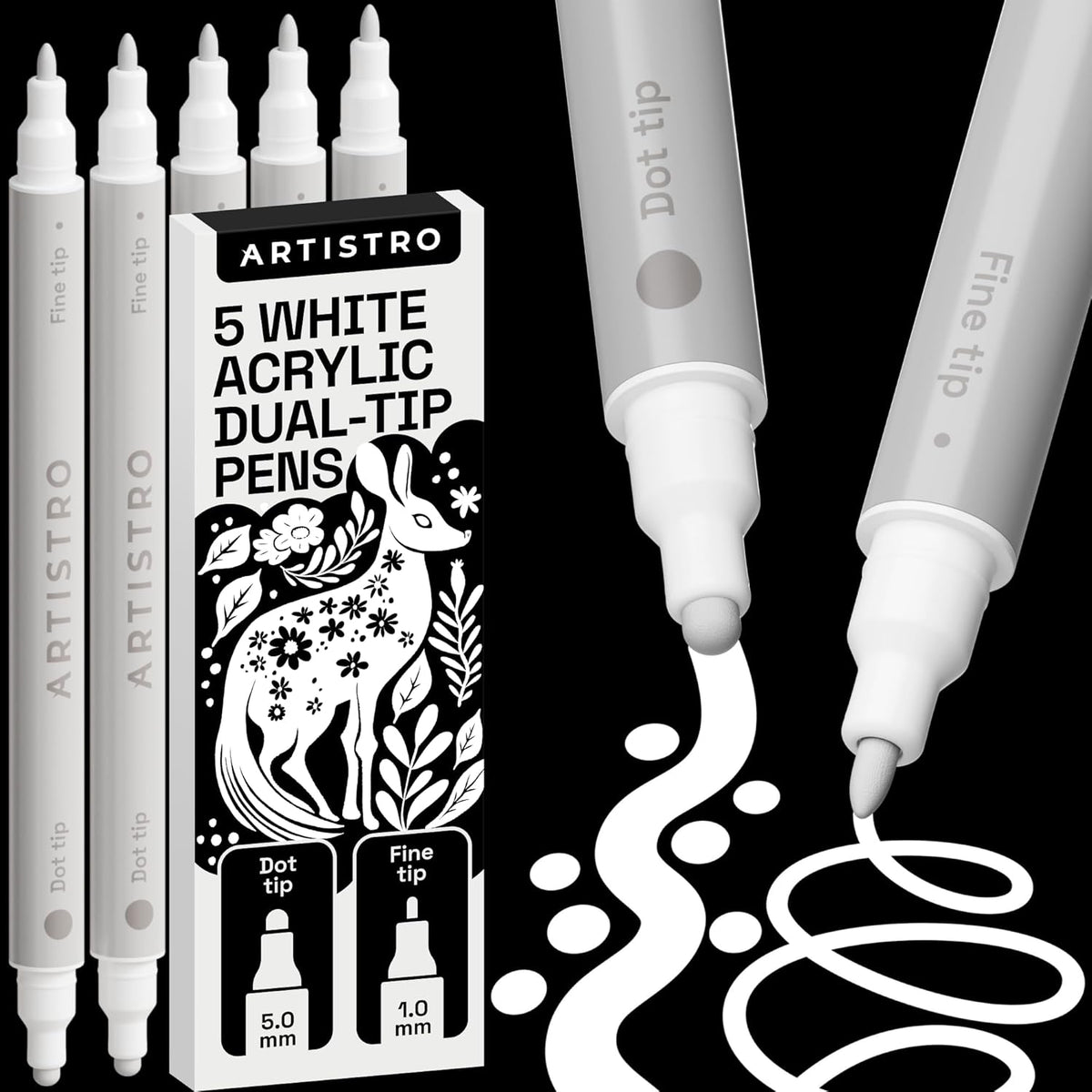 ARTISTRO 5 White Dual-Tip Acrylic Paint Pens for Rock, Ceramic, Glass, Wood, Fabric - White Markers