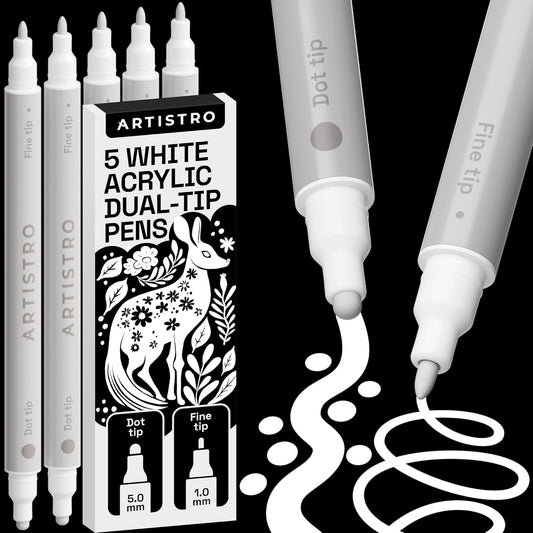 ARTISTRO 5 White Dual-Tip Acrylic Paint Pens for Rock, Ceramic, Glass, Wood, Fabric - White Markers