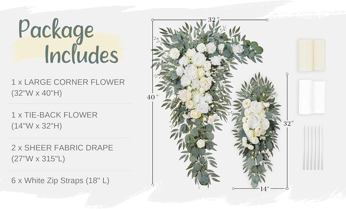 Wedding Arch Flowers with Drapes Kit (Pack of 4) - 2pcs Artificial Ivory & White Deluxe Swag with