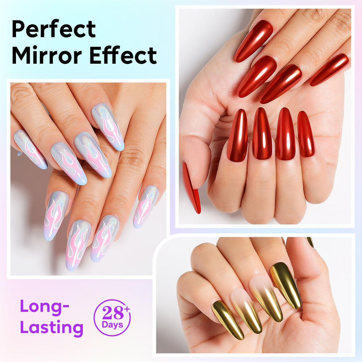 AIMEILI Chrome Nail Powder, Vegan, Cruelty Free, 6 Colors Mirror Effect Holographic Chameleon