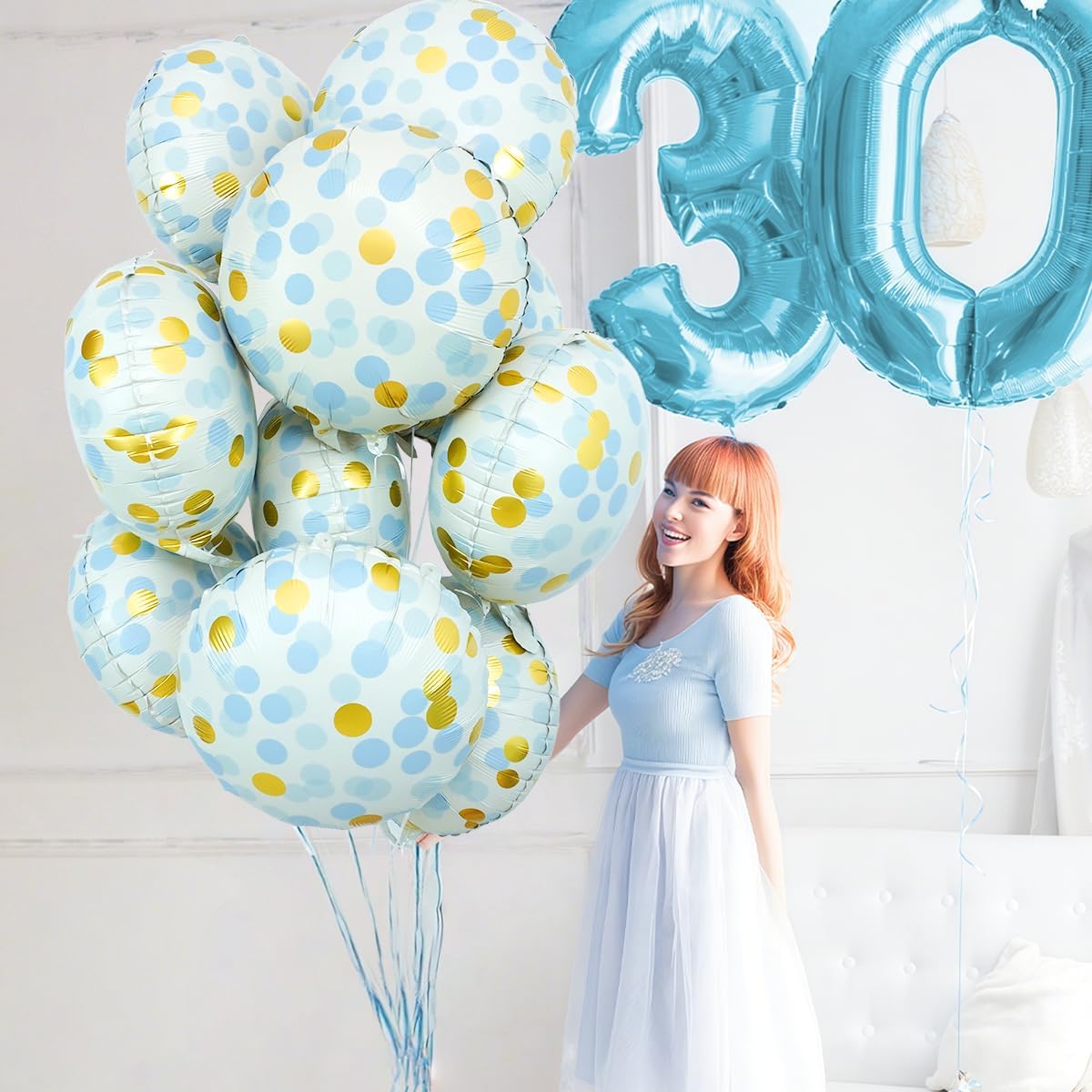 10 Pcs Blue Polka Dot Foil Balloons, 18" Foil Round Balloons with Blue Gold Dots, Helium-Friendly
