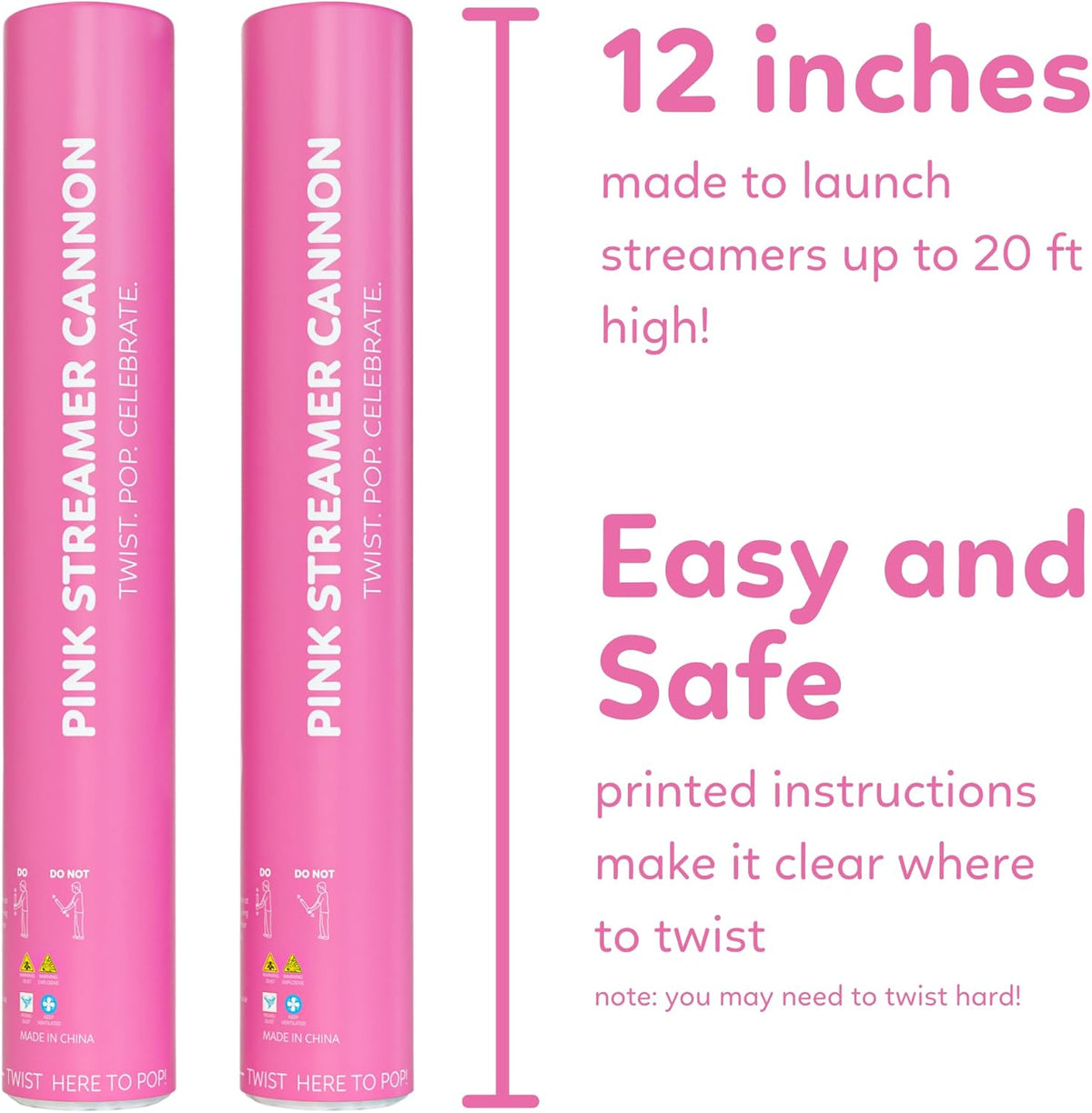 Pink Streamer Cannon Poppers | 2 Pack | Biodegradable Pink Streamers | TUR Party Supplies | Up to
