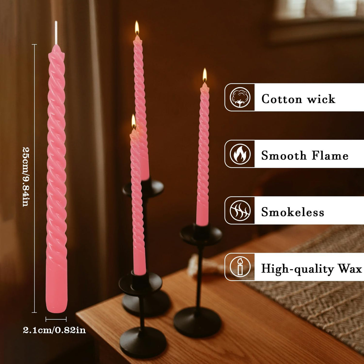 12-Pack Pink Spiral Taper Candles – 10 Inch Elegant Dripless & 10-Hour Burn – Long-Lasting
