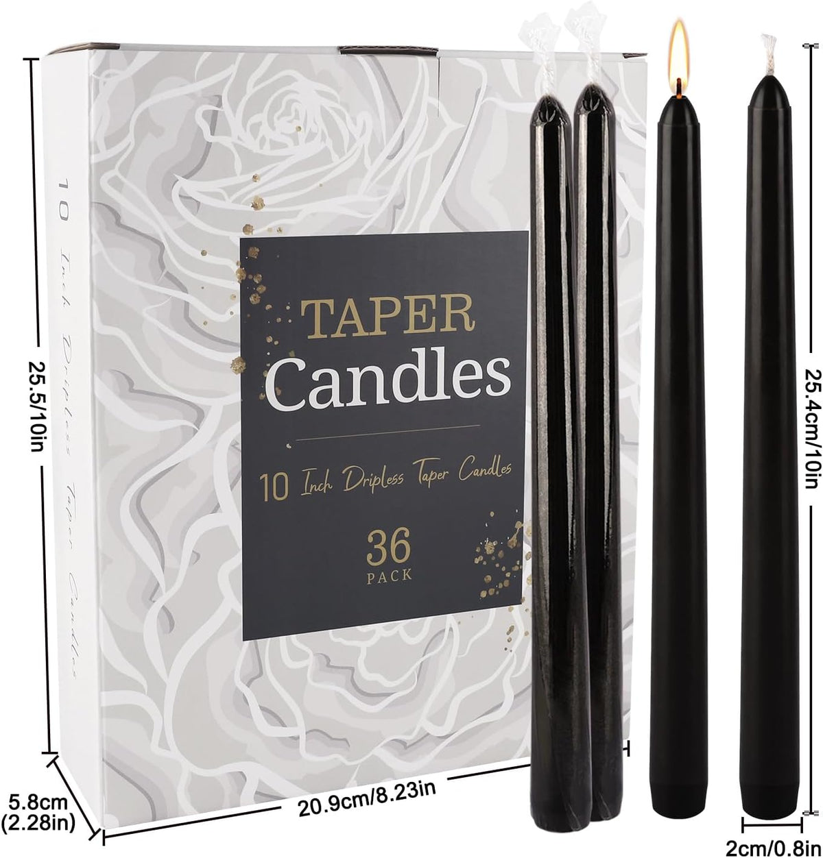 36-Pack 10-Inch Black Taper Candles - Drip-Free Unscented, Long Burning for Dinner Parties
