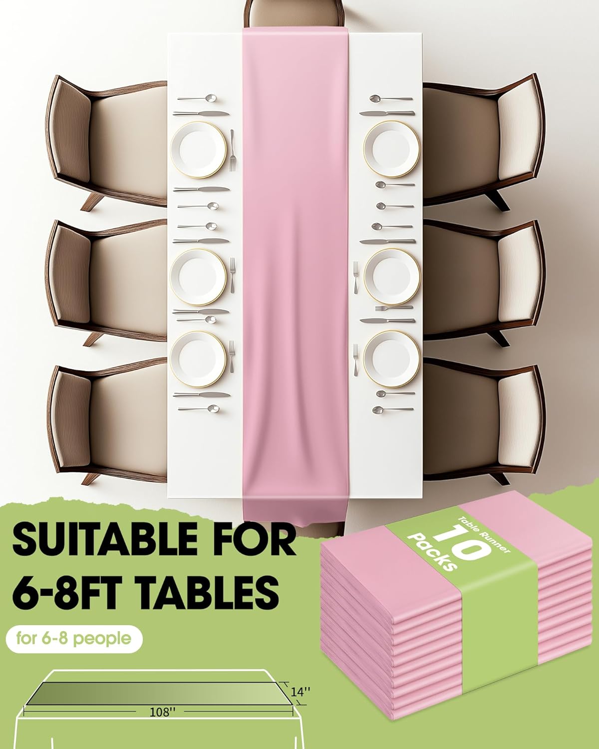 Pureegg Light Pink Plastic Table Runners - 10 Pack, 14'' x 108'', Water Resistant & Disposable