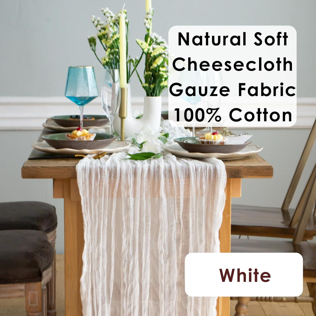 White Cheesecloth Table Runner Set of 2, Cotton Gauze Runner Rustic Table Decorations, Cheese cloth