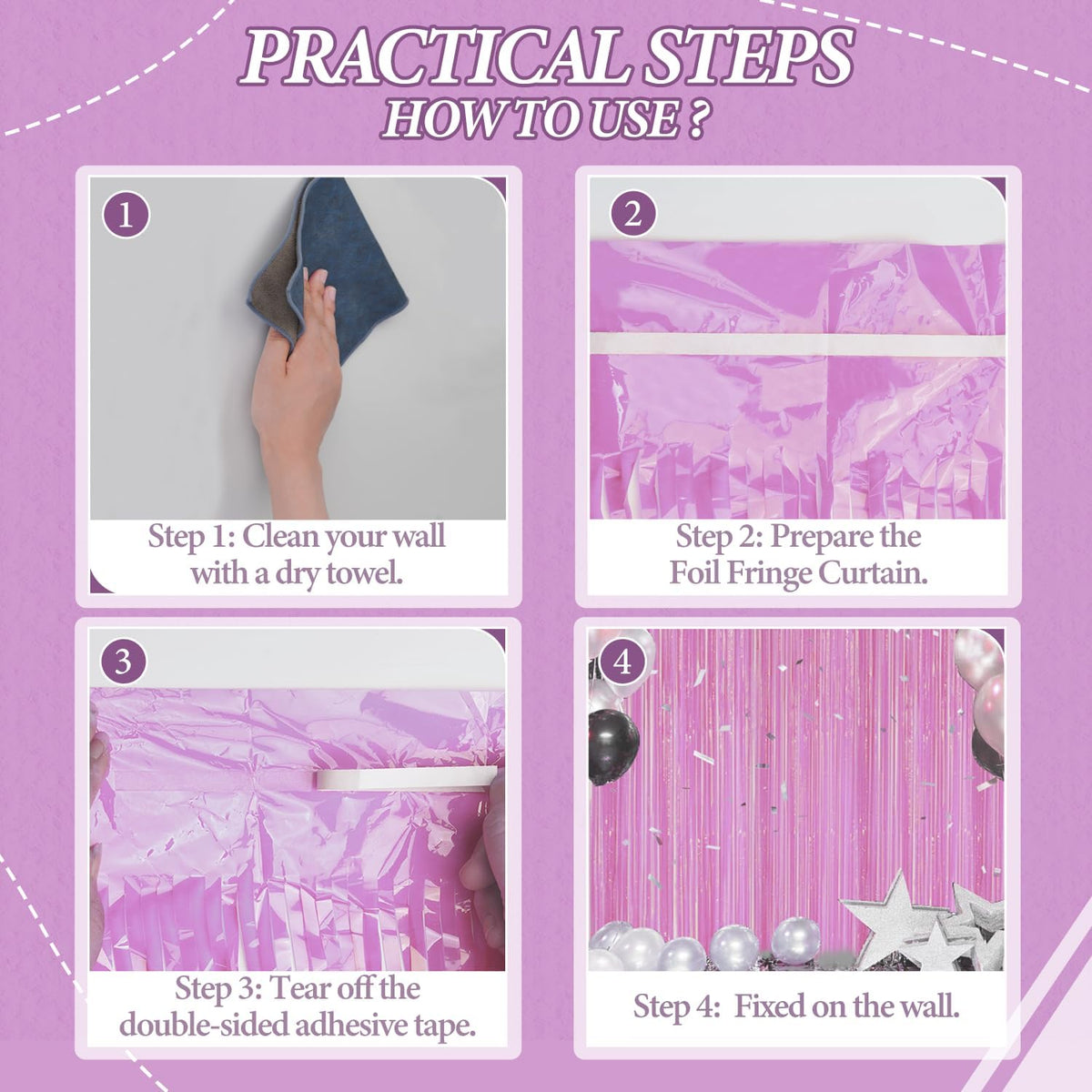 3 Pack Foil Fringe Backdrop - Pastel Purple Shiny Tinsel Curtains for Party Decoration/Photo Booth