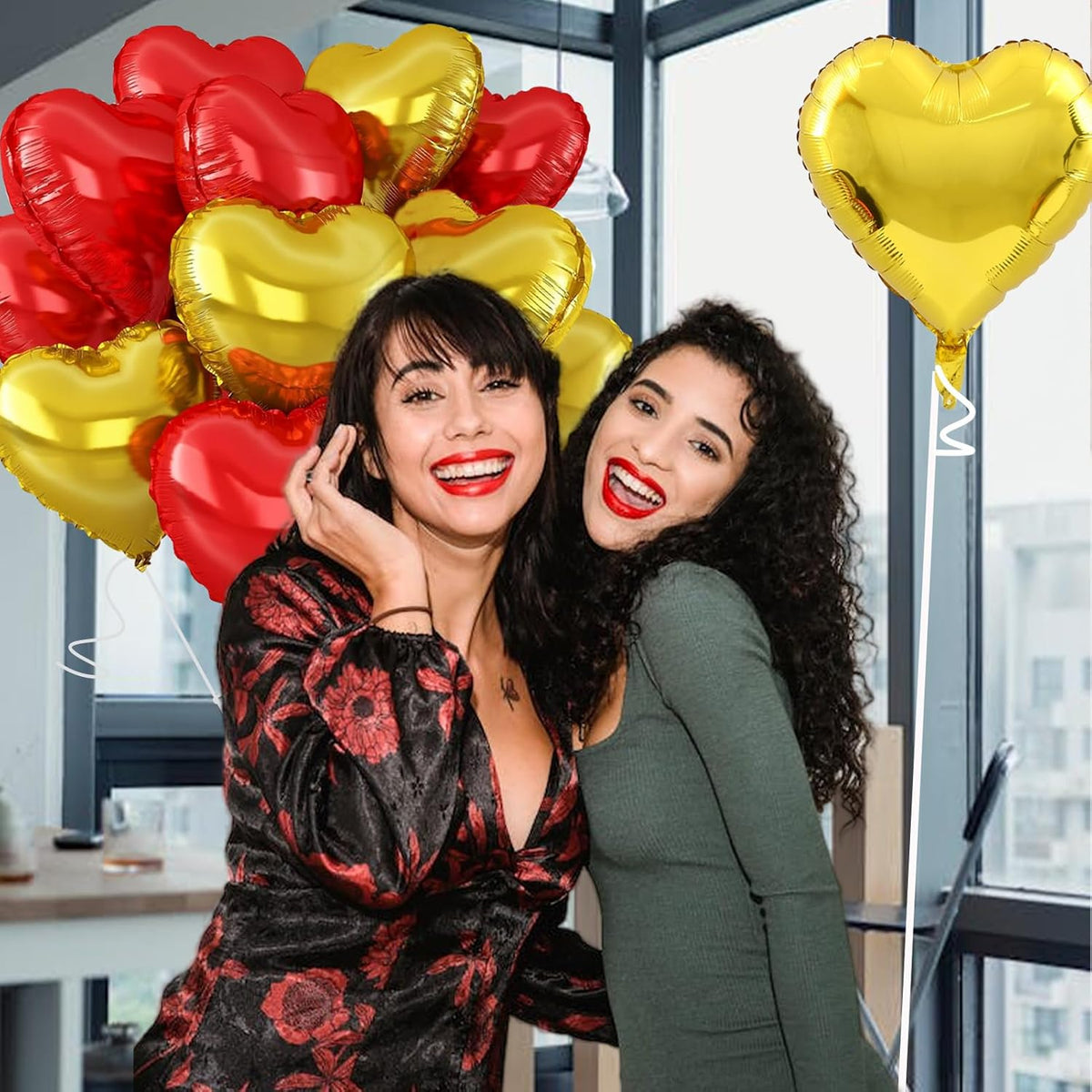 Gold-Red Heart Balloons,18inch Gold Heart Shaped Foil Balloons & Red Foil Balloon for Anniversary