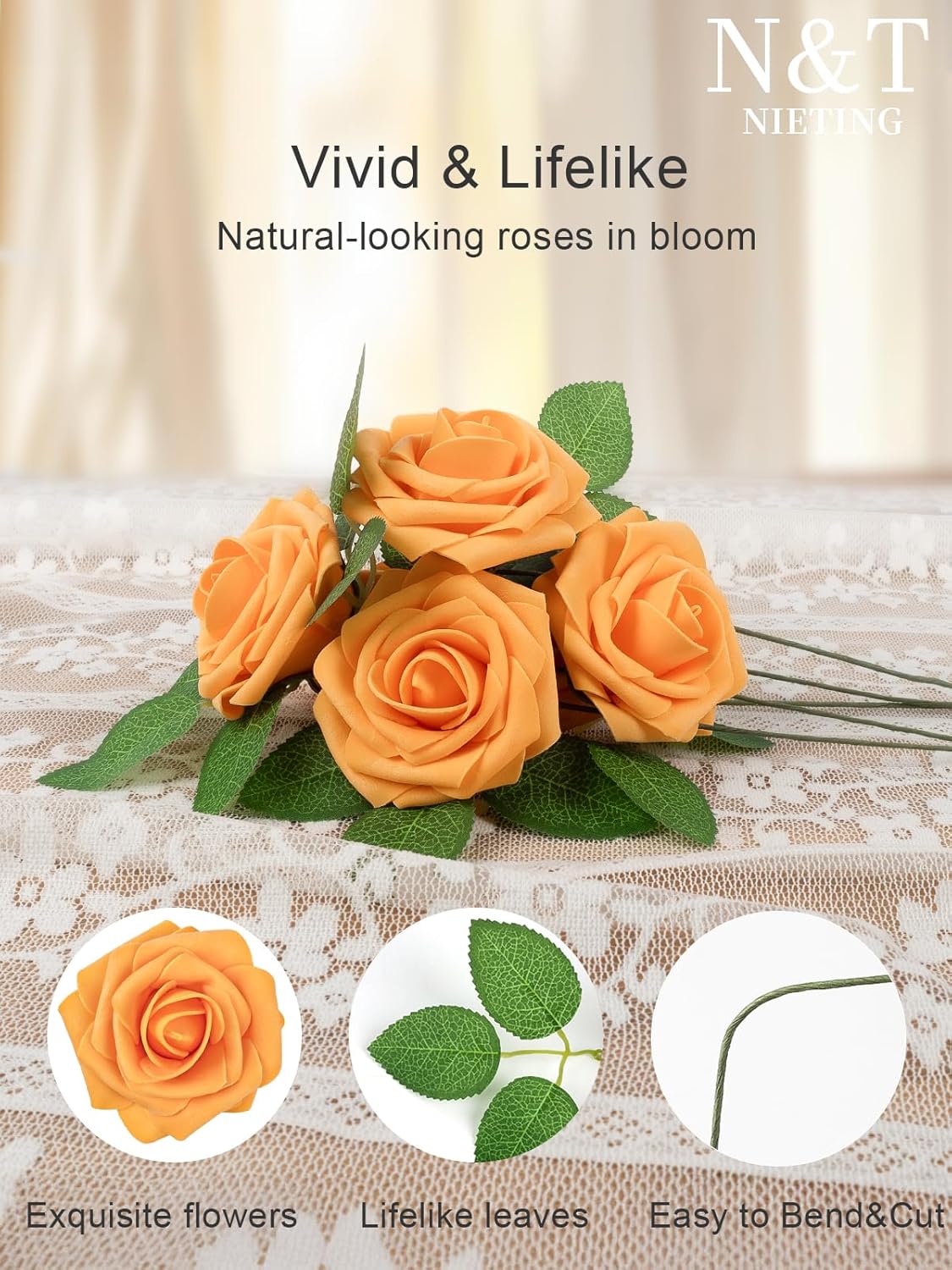 N&T NIETING Artificial Flowers, Fake Flowers Orange Roses Perfect for DIY Wedding Bridal Bouquets