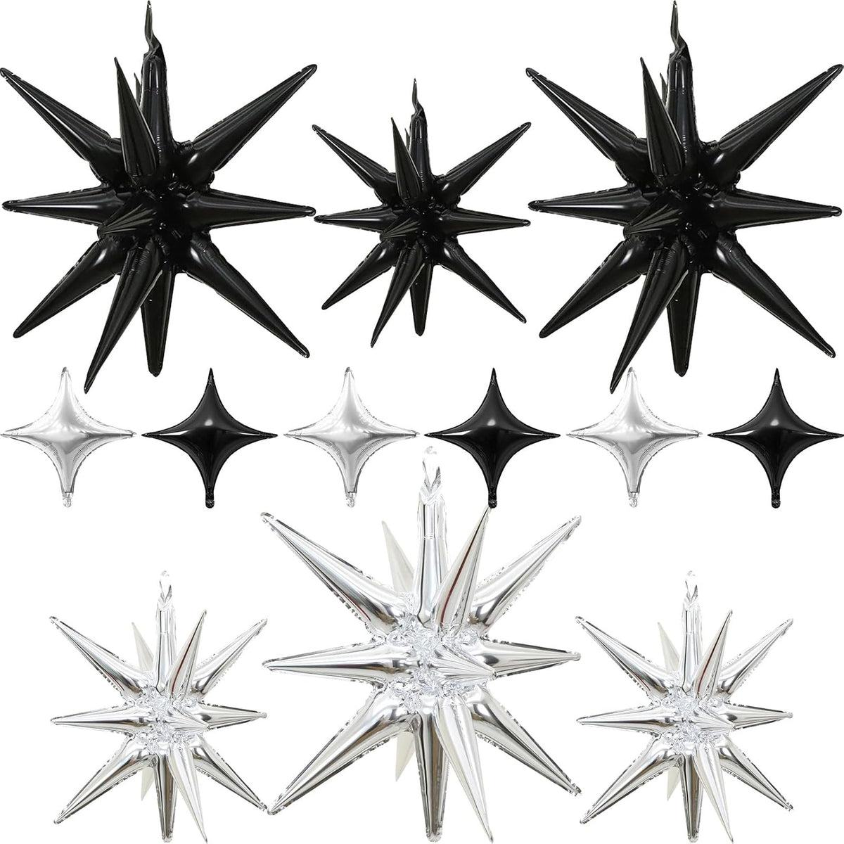 Black Silver Star Balloons 12pcs, 27/22 Inch Foil Star Explosion Balloons, Large Spike Mylar Cone