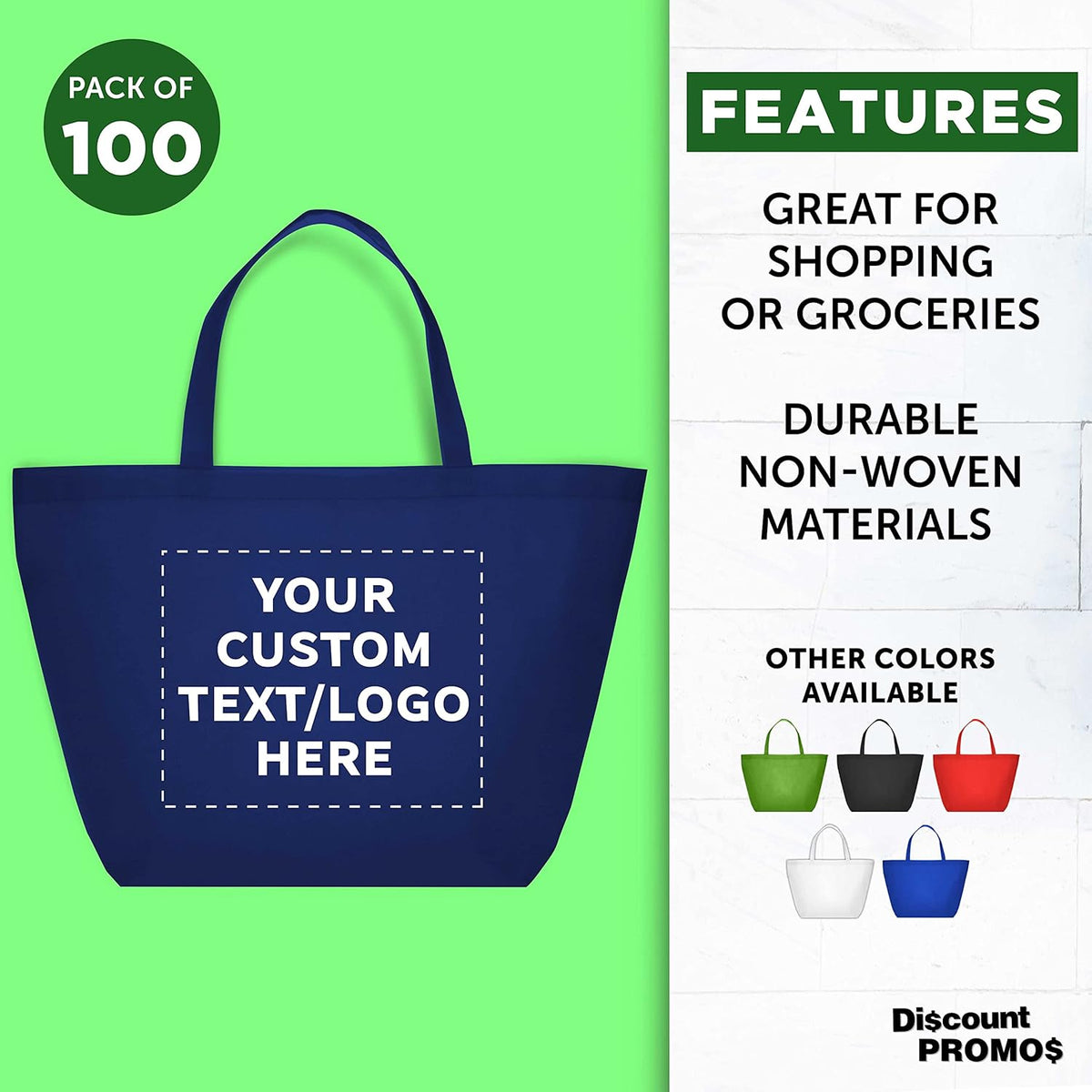 DISCOUNT PROMOS Custom Southern Style Grocery Tote Bags Set of 100 - Personalized Bulk Pack