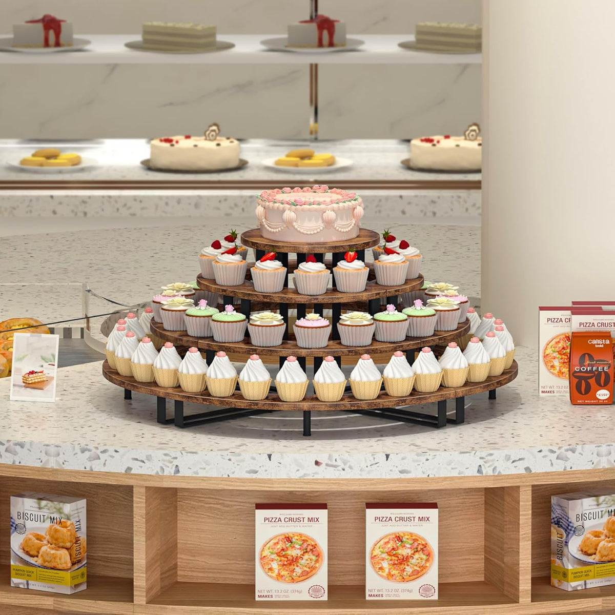 ELITEROO Cupcake Tier Stand, Wooden Cup Cake Stand Stairs, 4 Tier Dessert Table Display Set for