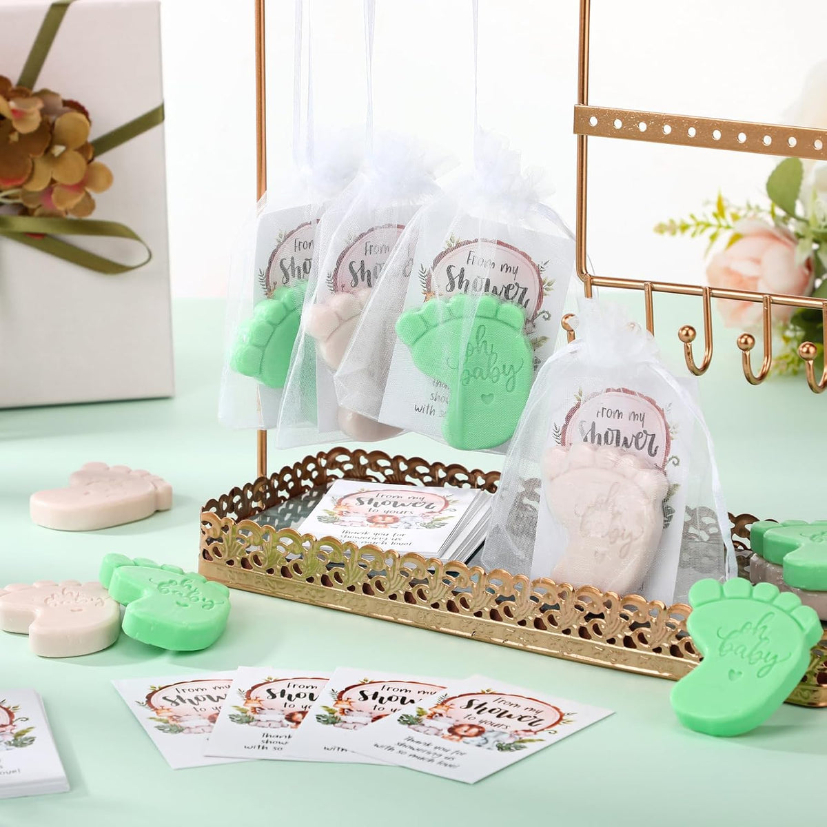 50 Sets Baby Shower Soap Favors for Guests - Mini Handmade Footprint Scented Soap with Thank You