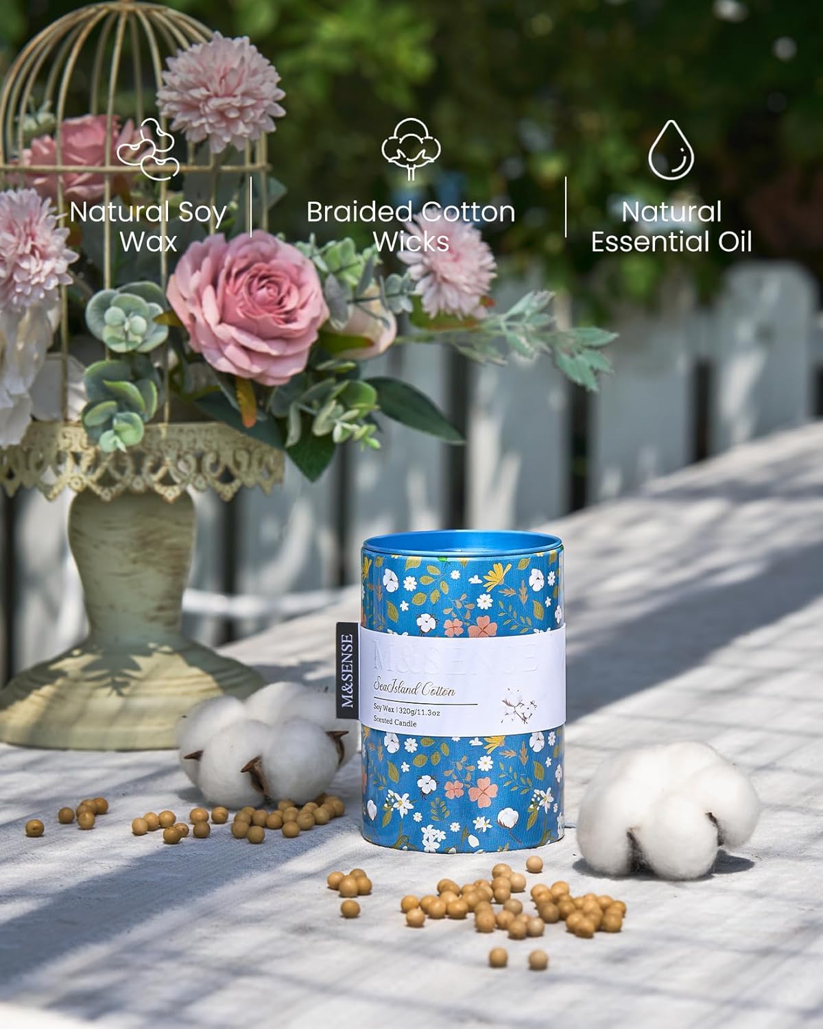 M&SENSE Sea Island Cotton Scented Candle, Medium Jar Candle 11.3oz Natural Soy Wax for Home