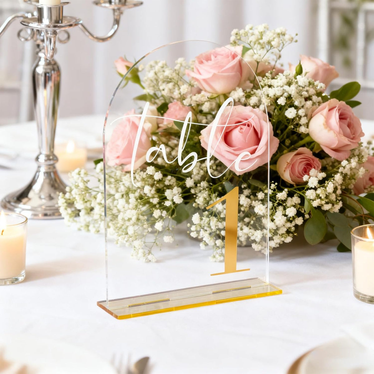Wedding Table Numbers 1-20 with Stands, 5” x 7” Elegant Acrylic Display Signs with Golden Text