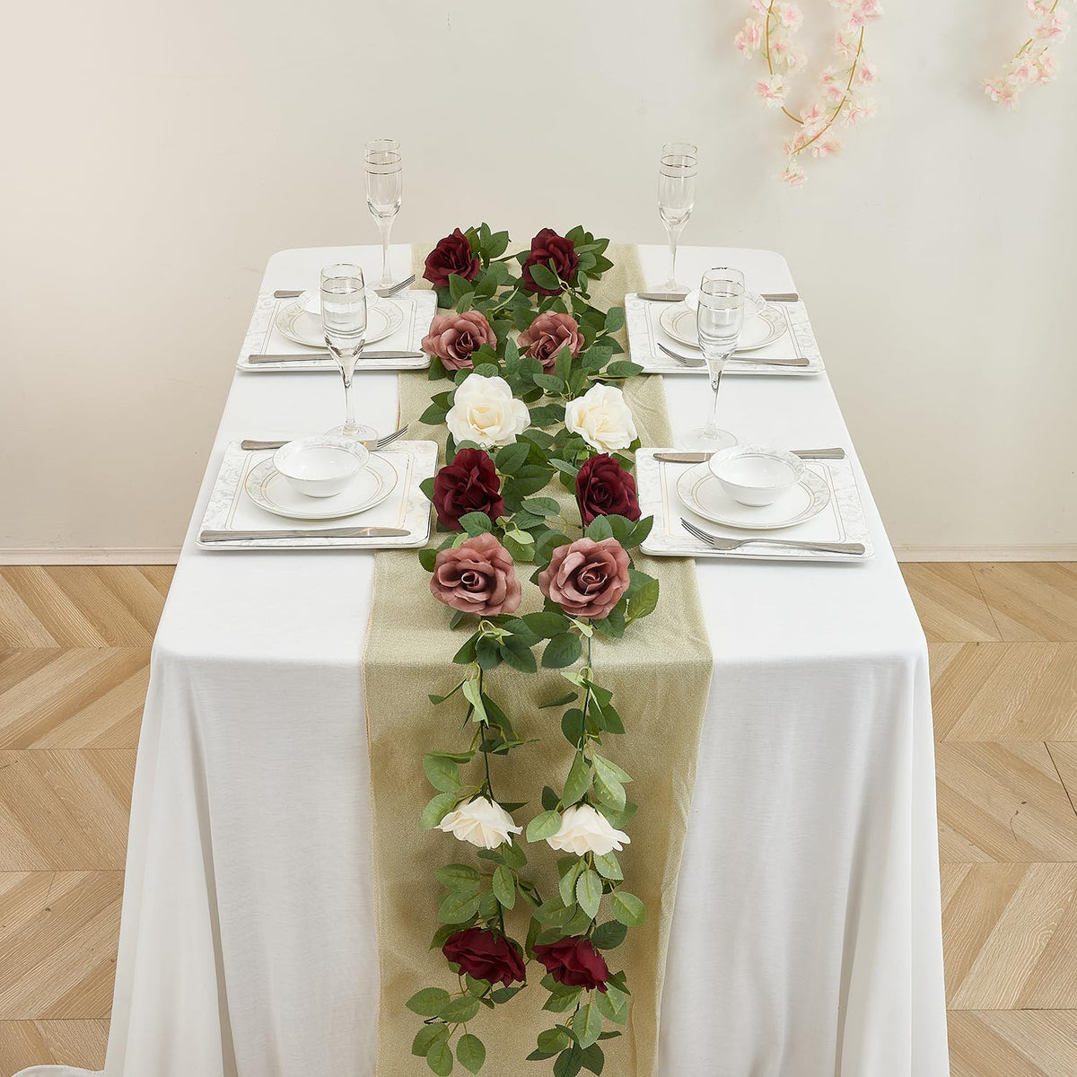 Burgundy Artificial Rose Garlands Rose Vines Leaves Banners Hanging Floral Garland Fake Rose Flower