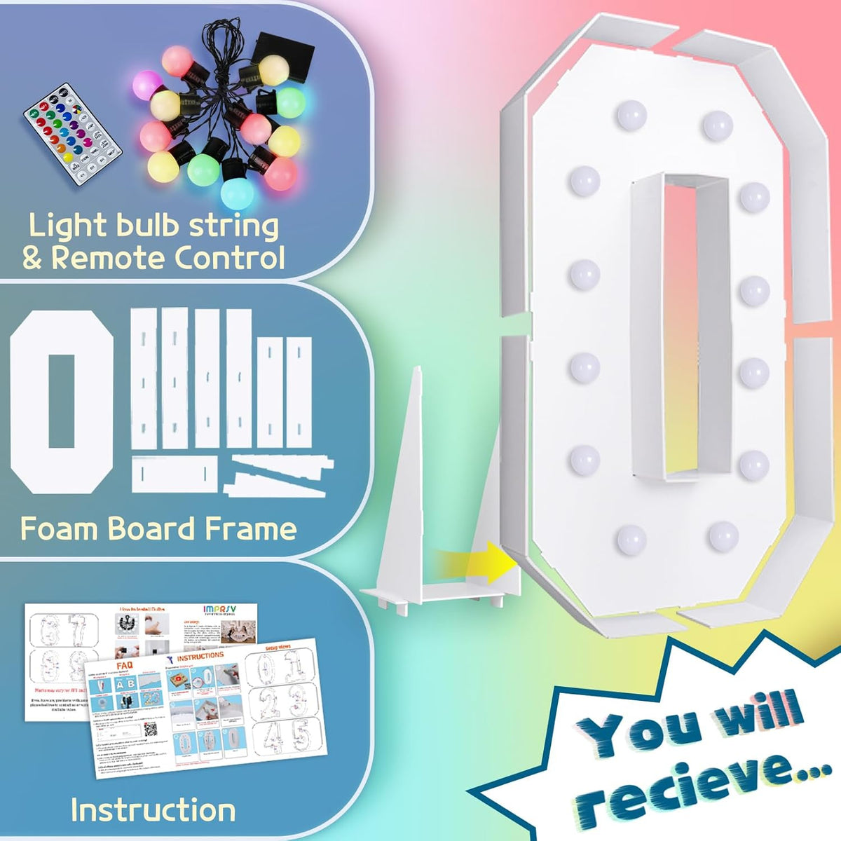 imprsv 4FT Colorful Marquee Light Up Letters O, 18 Colors Large Light up Letters Alphabet Sign with