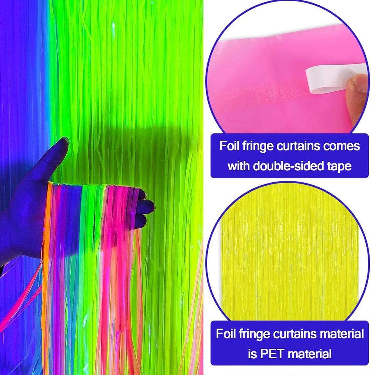 CANREVEL Glow in The Dark Party Supplies, 2 Pack 3.3x6.6 Feet Fluorescent Macaron Rainbow Foil