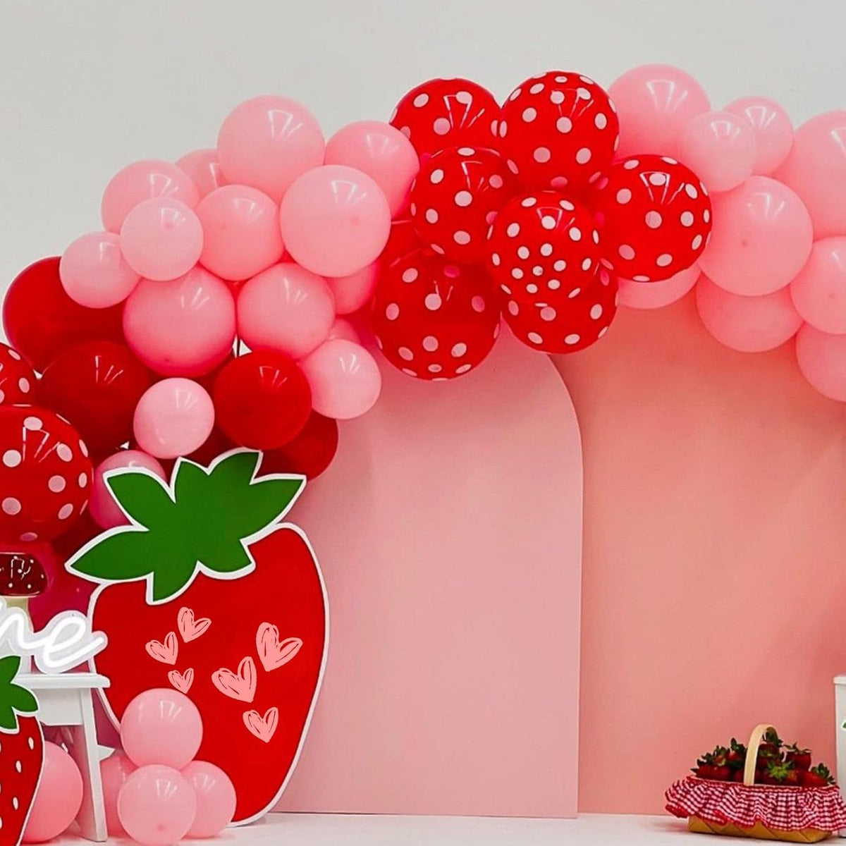 Strawberry Theme Balloons, 52 PCS 12 Inch Red Pastel Pink Pearl Pink Balloons With Polka Dot Latex