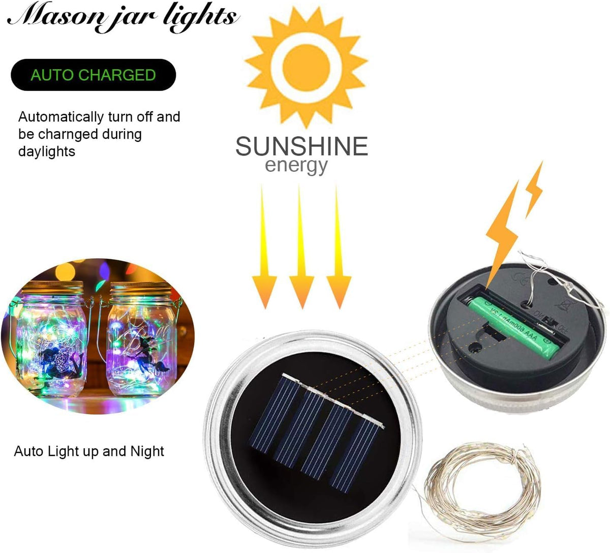 VOOKRY 12 Pack Solar Mason Jar Lights, 30 LED Mason Jar Lids Waterproof Firefly Fairy String Lights
