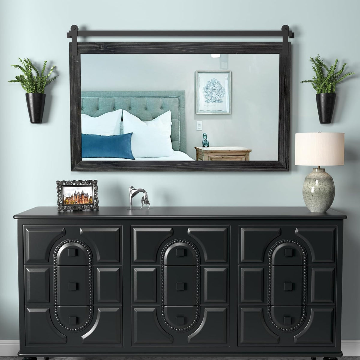 COGOOD Farmhouse Bathroom Mirror - 49 x 30 Rustic Wood Framed Wall Barn Door Mirror for Entryway