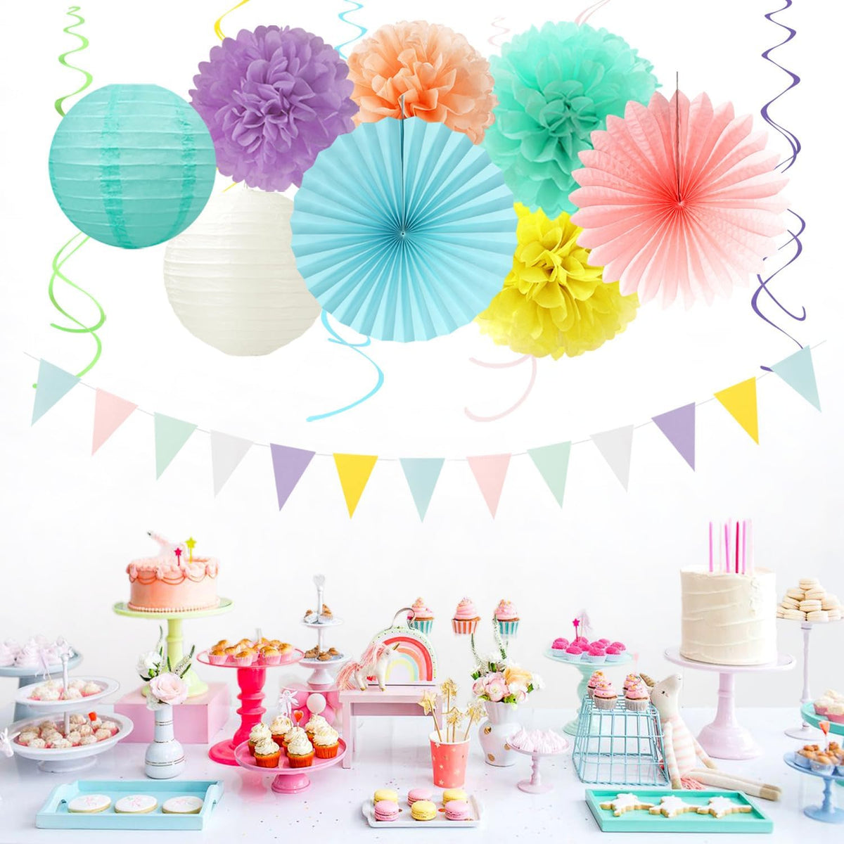 Pastel Rainbow Party-Decorations - 20pcs Pink Yellow Blue Classroom Ceiling Paper Lanterns Fans