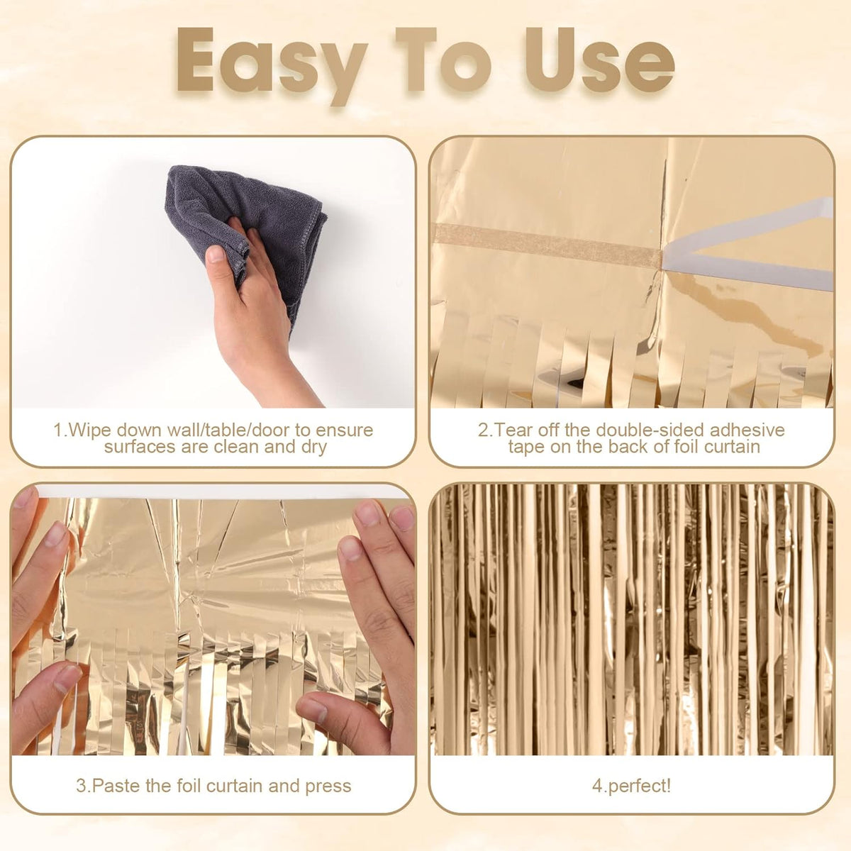 4 Pack Champagne Foil Fringe Backdrop Curtains, Tinsel Streamers Birthday Party Decorations, Fringe