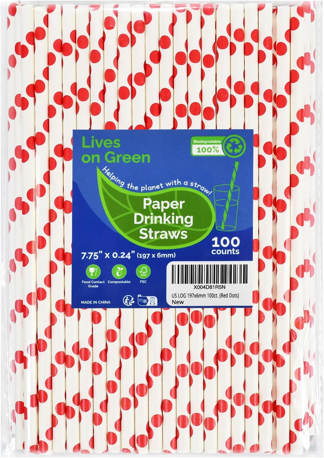 7.75'' x 0.24'' Red Polka Dots Disposable Paper Straws for Drinking, Compostable, 100 Counts - for