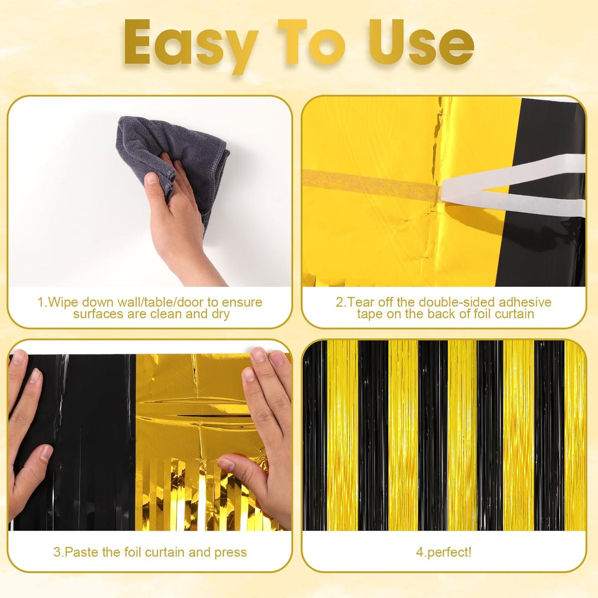2 Pack Black and Gold Tinsel Foil Fringe Curtains, Black and Gold Party Decorations, Metallic