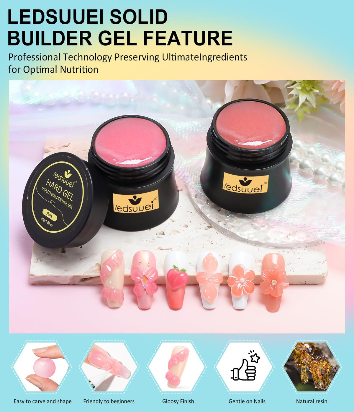 Solid Builder Gel for Nails LEDSUUEI - 2 Color Nude Pink 3D Nail Gel Sculpting Non-Sticky Hand