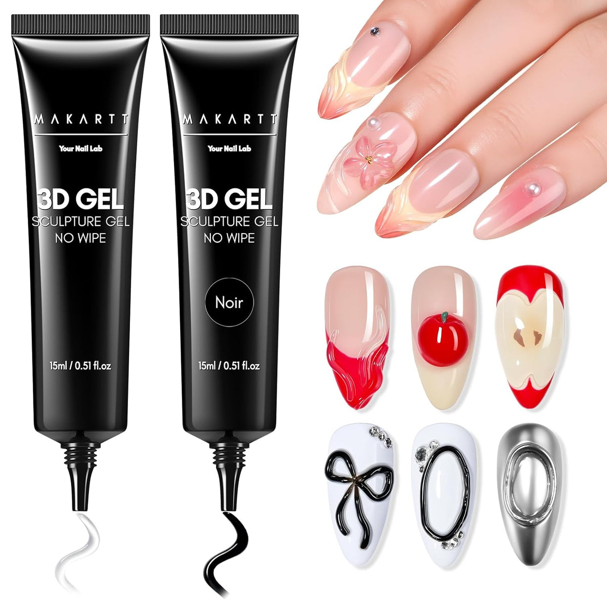 Makartt 3D Gel Nail Art Set – Clear & Noir Sculpting Gel for DIY Embossed Nail Designs – No Wipe