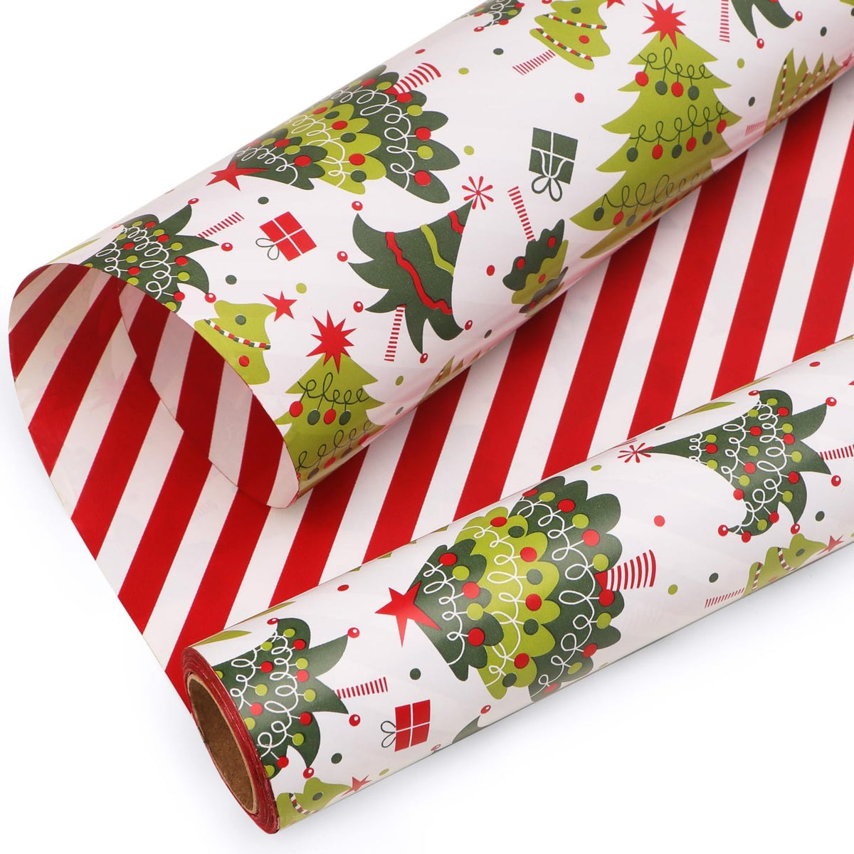 Ribbli Christmas Wrapping Paper Reversible Christmas Tree and Red White Stripe Gift Wrapping