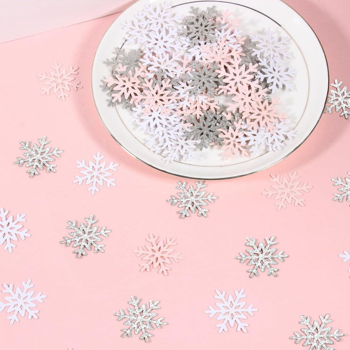 200PC White Pink Silver Snowflake Confetti for Winter Wonderland Decorations Small Snowflakes Table