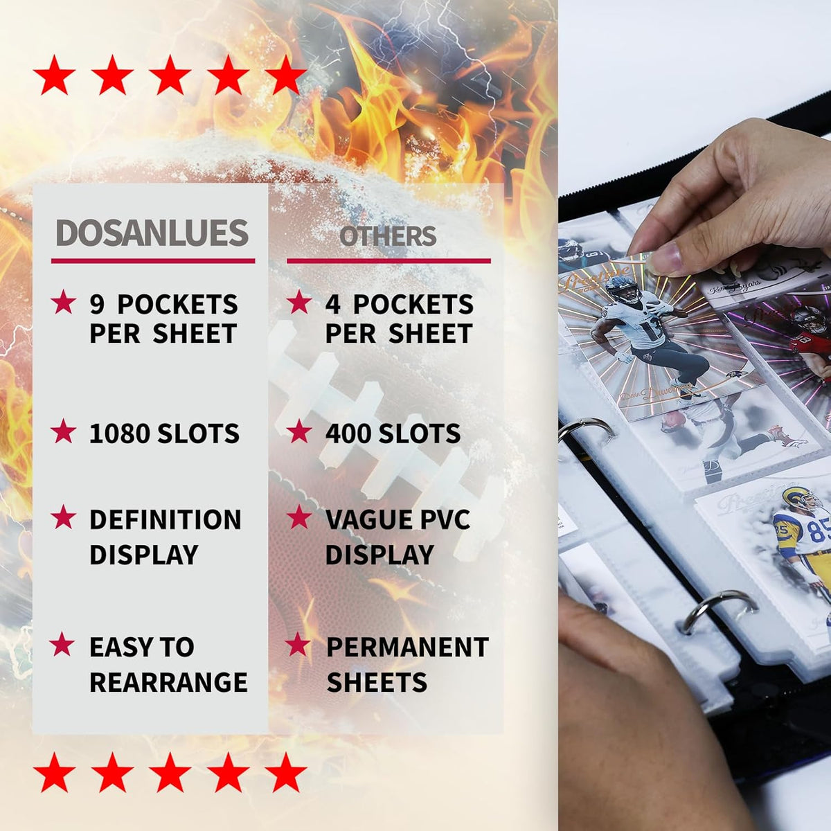 1080 Pockets Football Card Binder 9 Pocket, Trading Card Binder with 60 Page Removable Sleeves