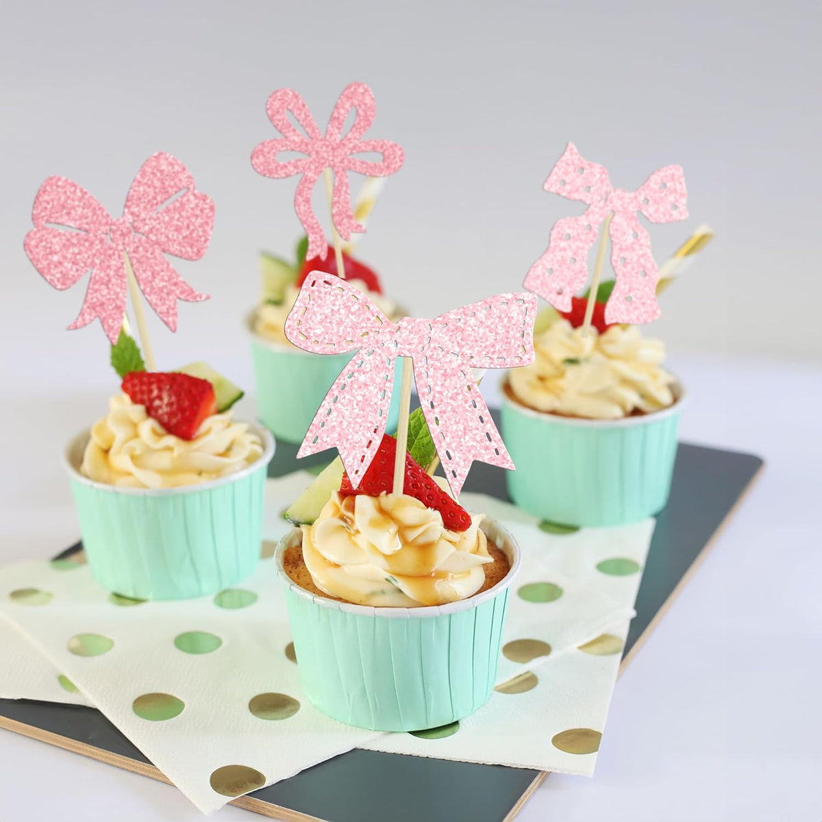 Ephlyn 24Pcs Pink Bow Cupcake Toppers Bow Birthday Cake Topper Girls Birthday Party Decorations