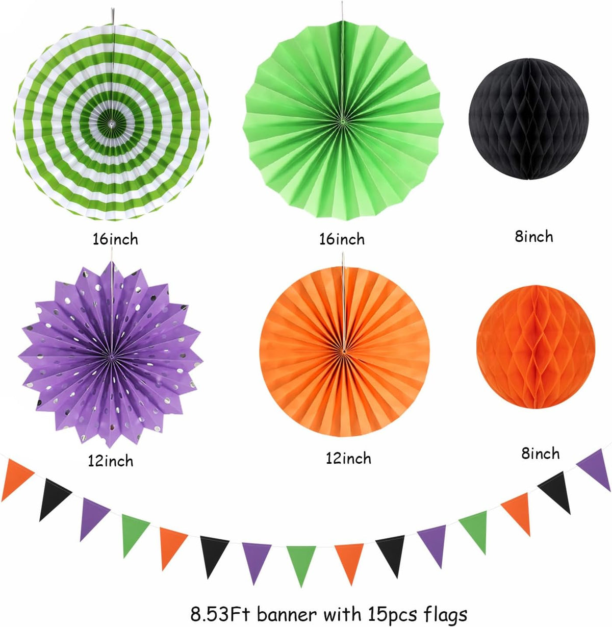 Black Purple Orange-Green Halloween Party-Decorations - 20pcs Paper Lanterns Fans,Tissue Pom