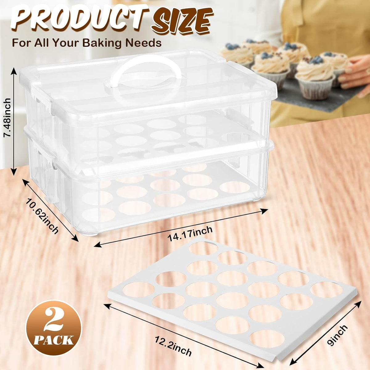 36 Cupcakes Carrier 2-layer for Cake Container Cupcake Holder with Lid and Handle Detachable