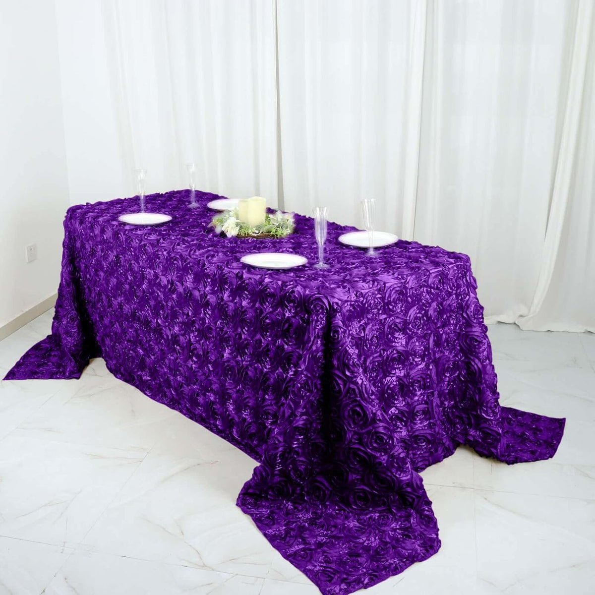 Efavormart 90"x132" Wholesale Rectangle Table Cover Purple Grandiose Rosette 3D Satin Tablecloth