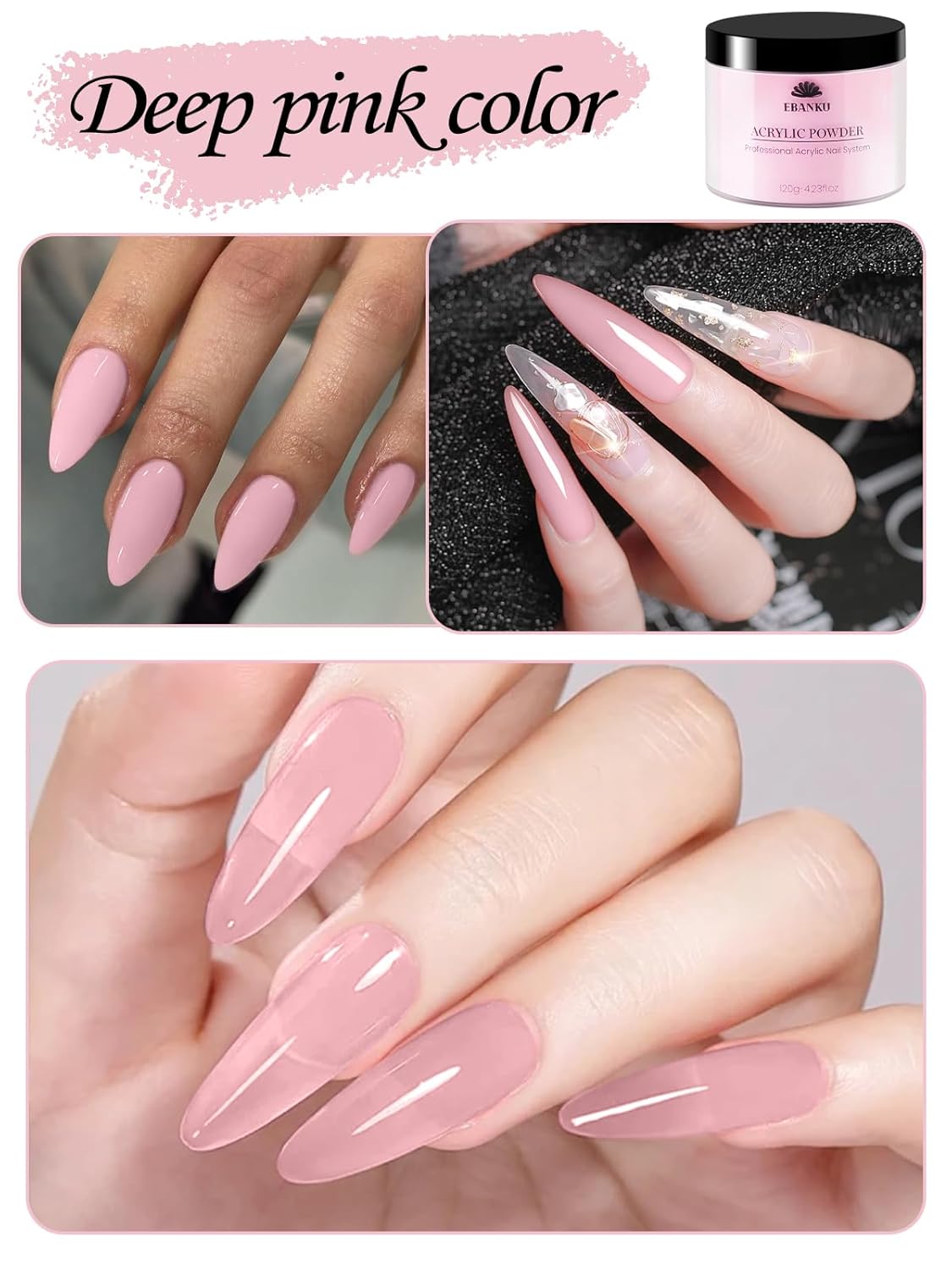 Pink Acrylic Powder, EBANKU 120g/4.23oz Cover Pink Nail Acrylic Powder Large Capacity Professional