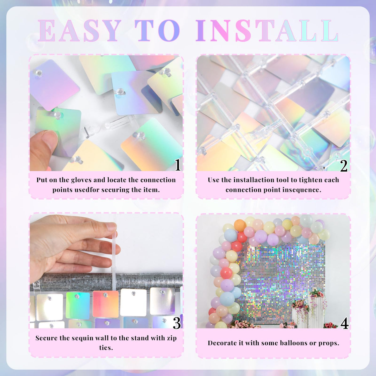 Shimmer Wall Backdrop Iridescent Silver Wall Panels 12Pcs Square Sequin Shimmer Wall Backdrop