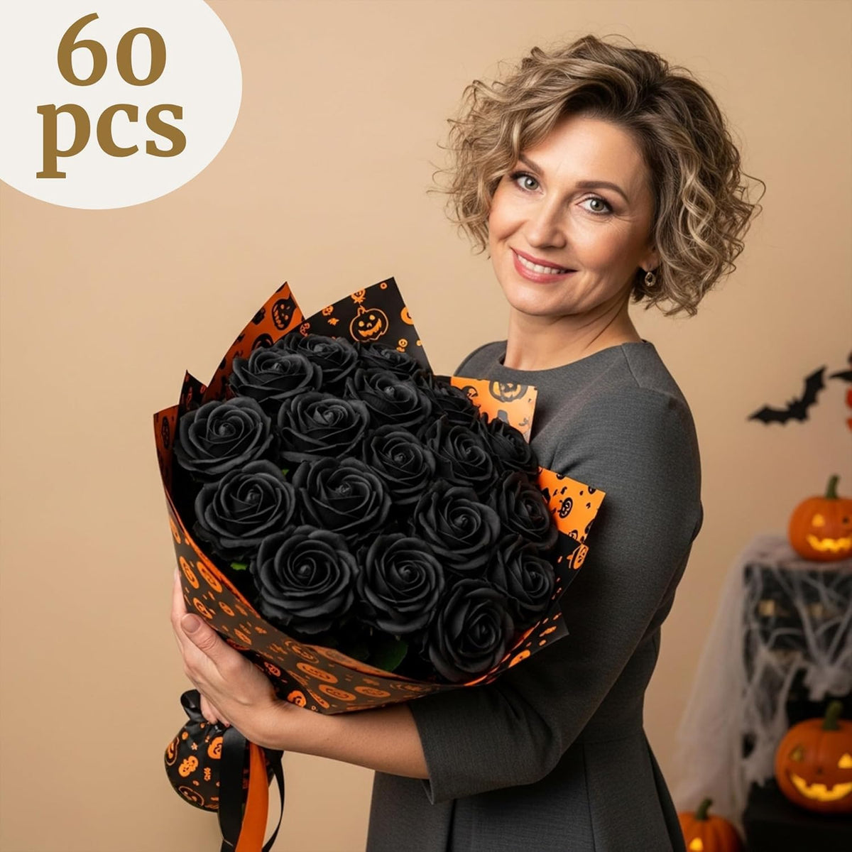 Auihiay 60PCS Black Fake Roses, Velvet Silk Artificial Roses, Realistic Roses Flowers for Photo