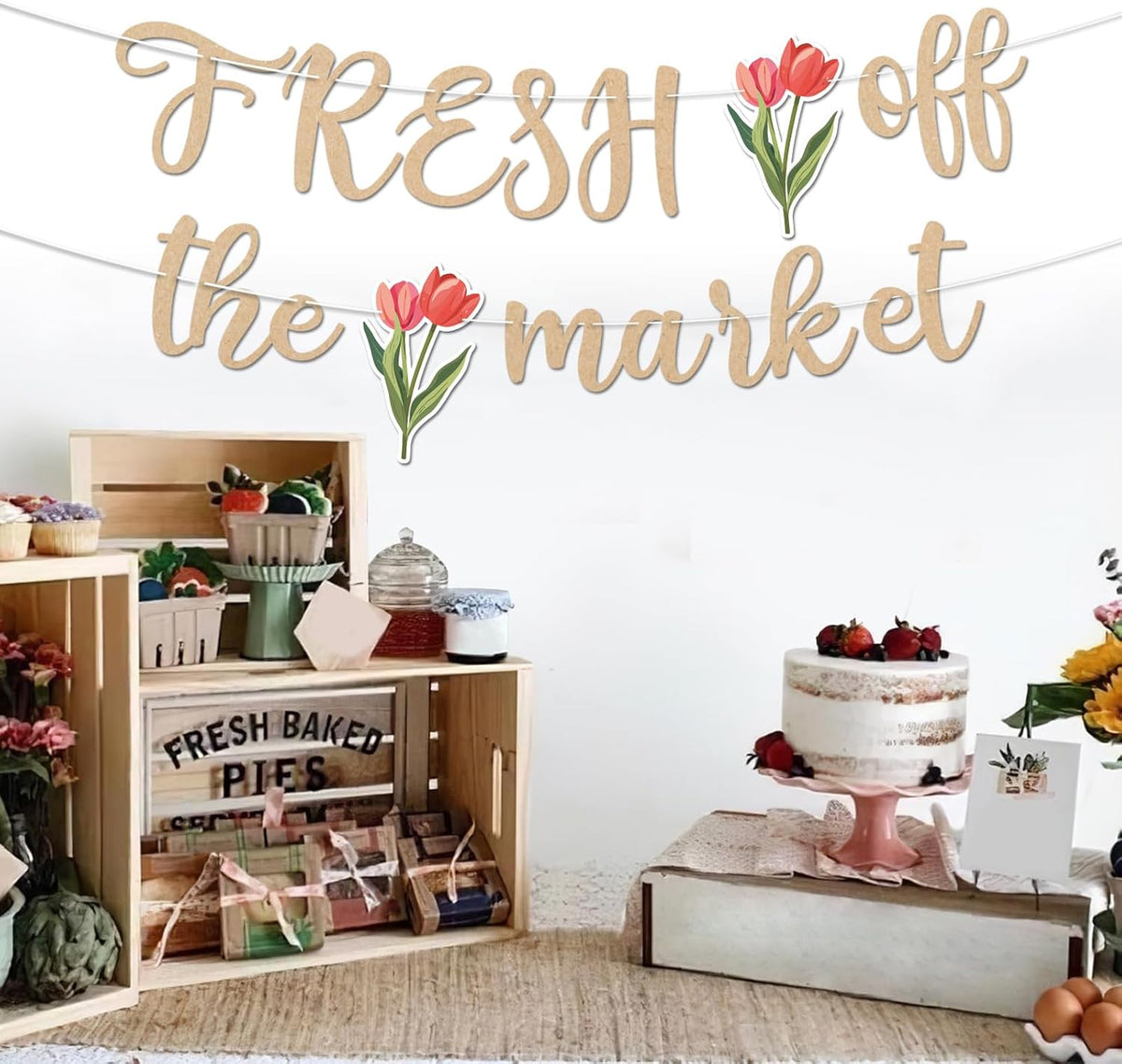 Fresh Off The Market Bridal Shower Banner, Vintage Farmers Market Floral Theme Wedding Banner for