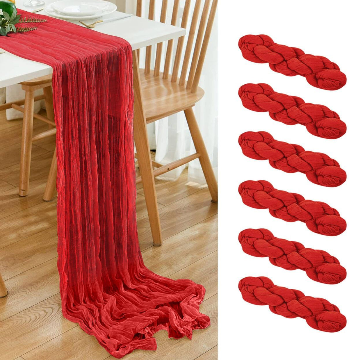 6 Pack 10ft Red Cheesecloth Table Runner 21x120 Inch Boho Wrinkled Sheer Romantic Gauze Decor for