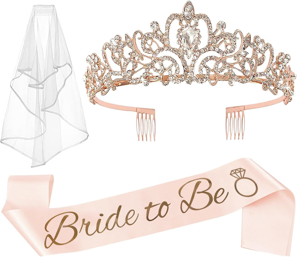 JETKONG 3 Pcs Bachelorette Party Decorations Bridal Shower Crown, Bride to Be Sash&Veil for Women